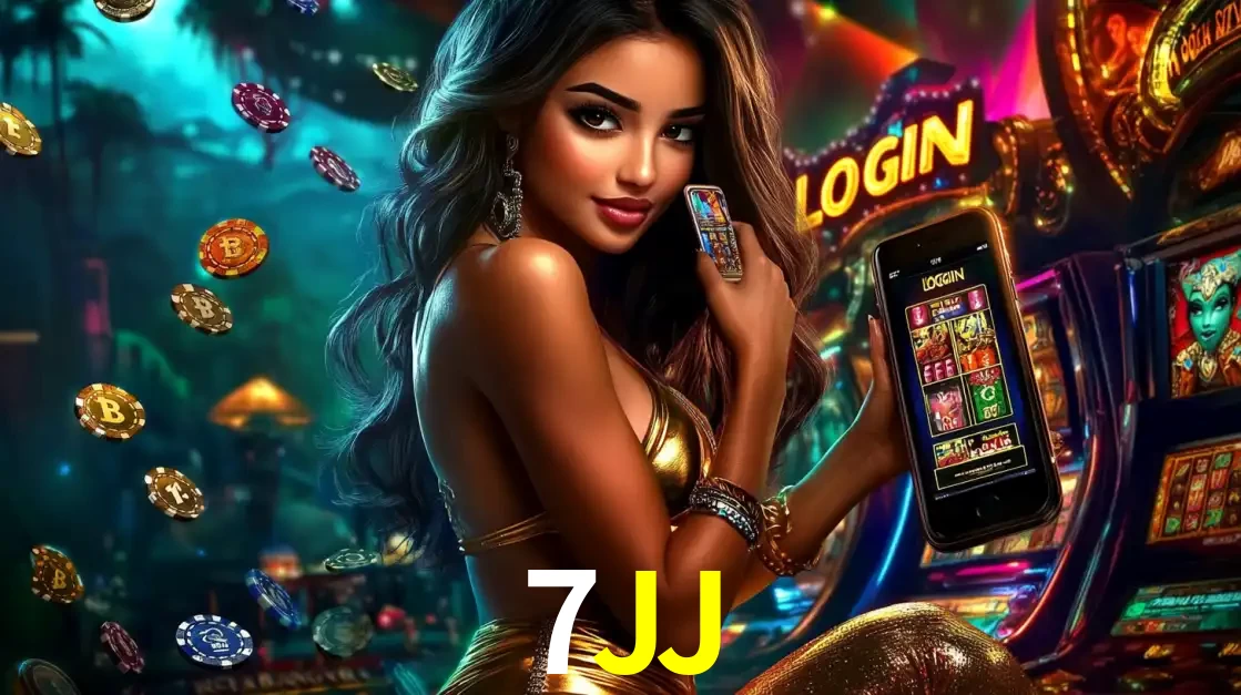 Mulher em um cenário de cassino temático de aventura, mostrando o app de caça-níqueis da 7JJ no celular. Fichas de apostas flutuam ao redor.